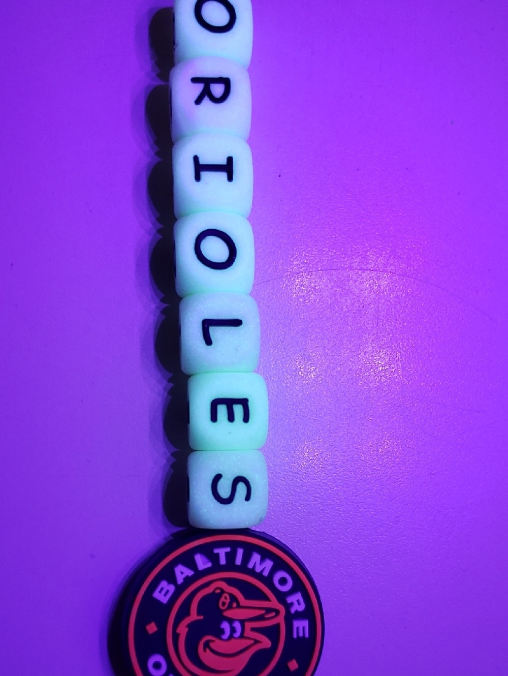 Handmade Glow in Dark Baltimore Orioles Beaded Silicone Focal Bead Keychain - Picture 3 of 10